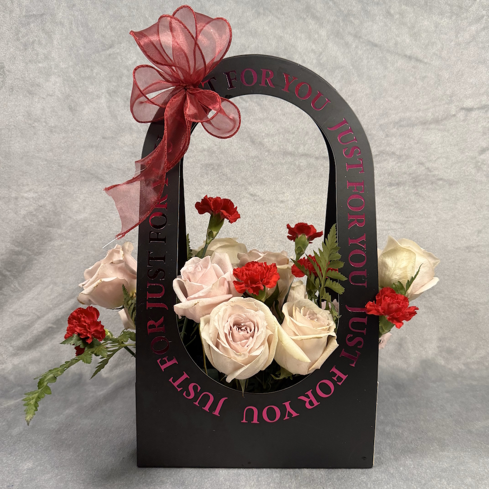 sand pink roses red carnation bouquet in gift box