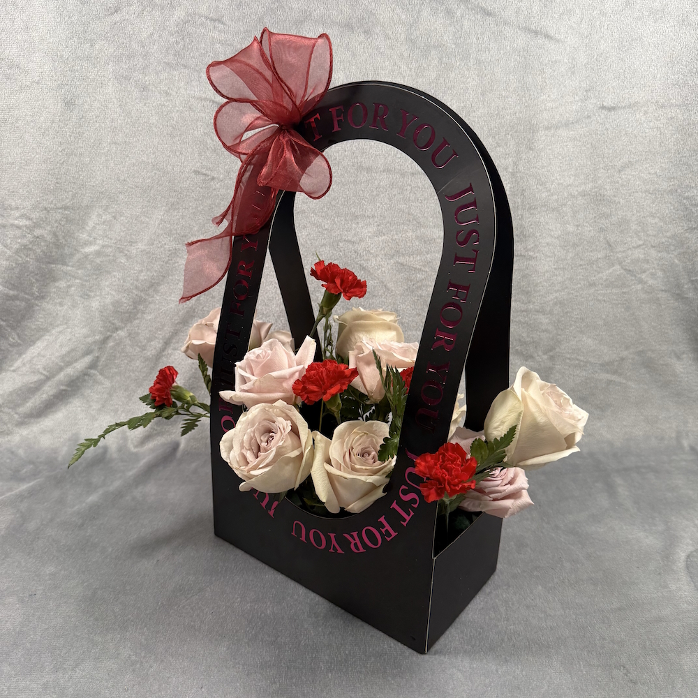 sand pink roses red carnation bouquet in gift box