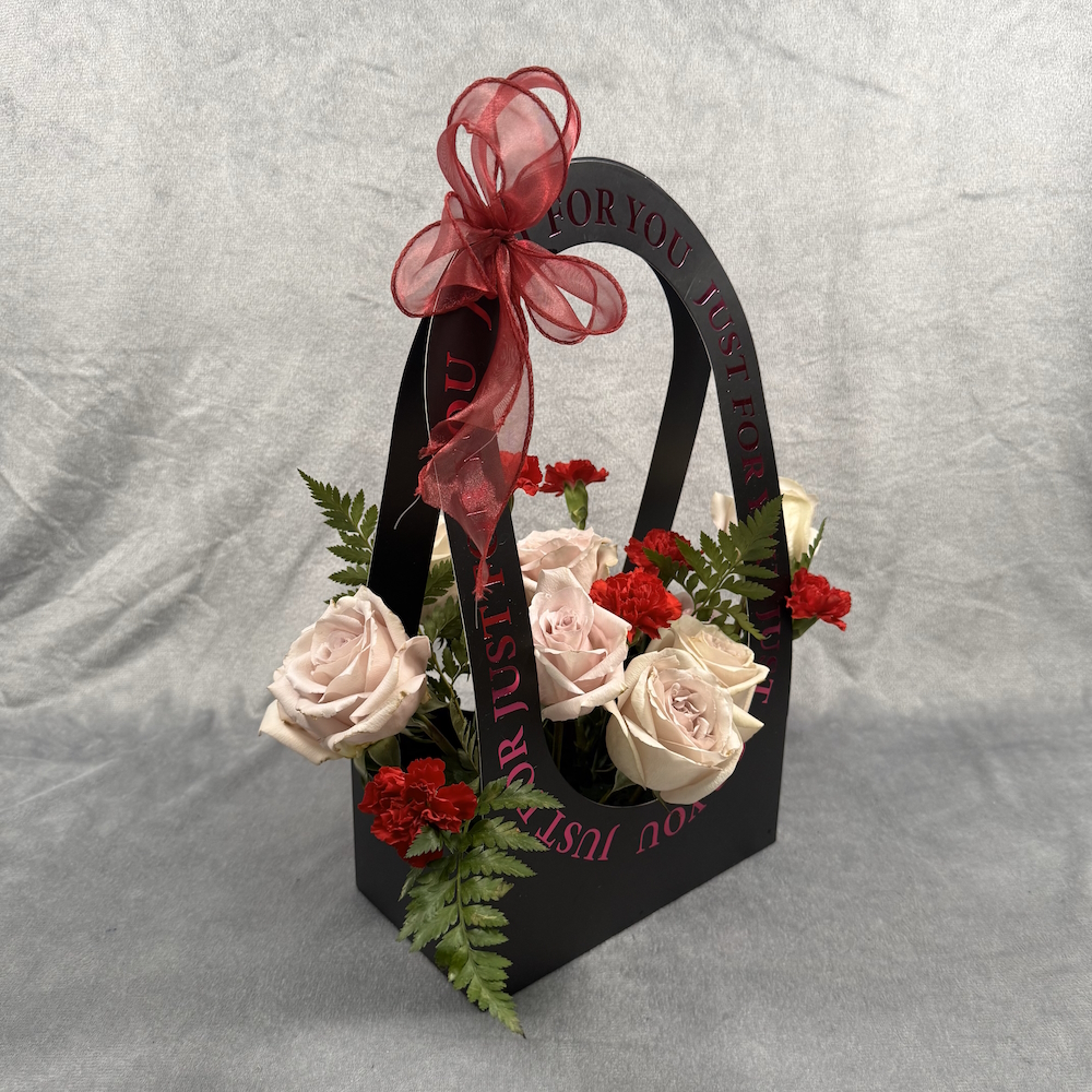 sand pink roses red carnation bouquet in gift box